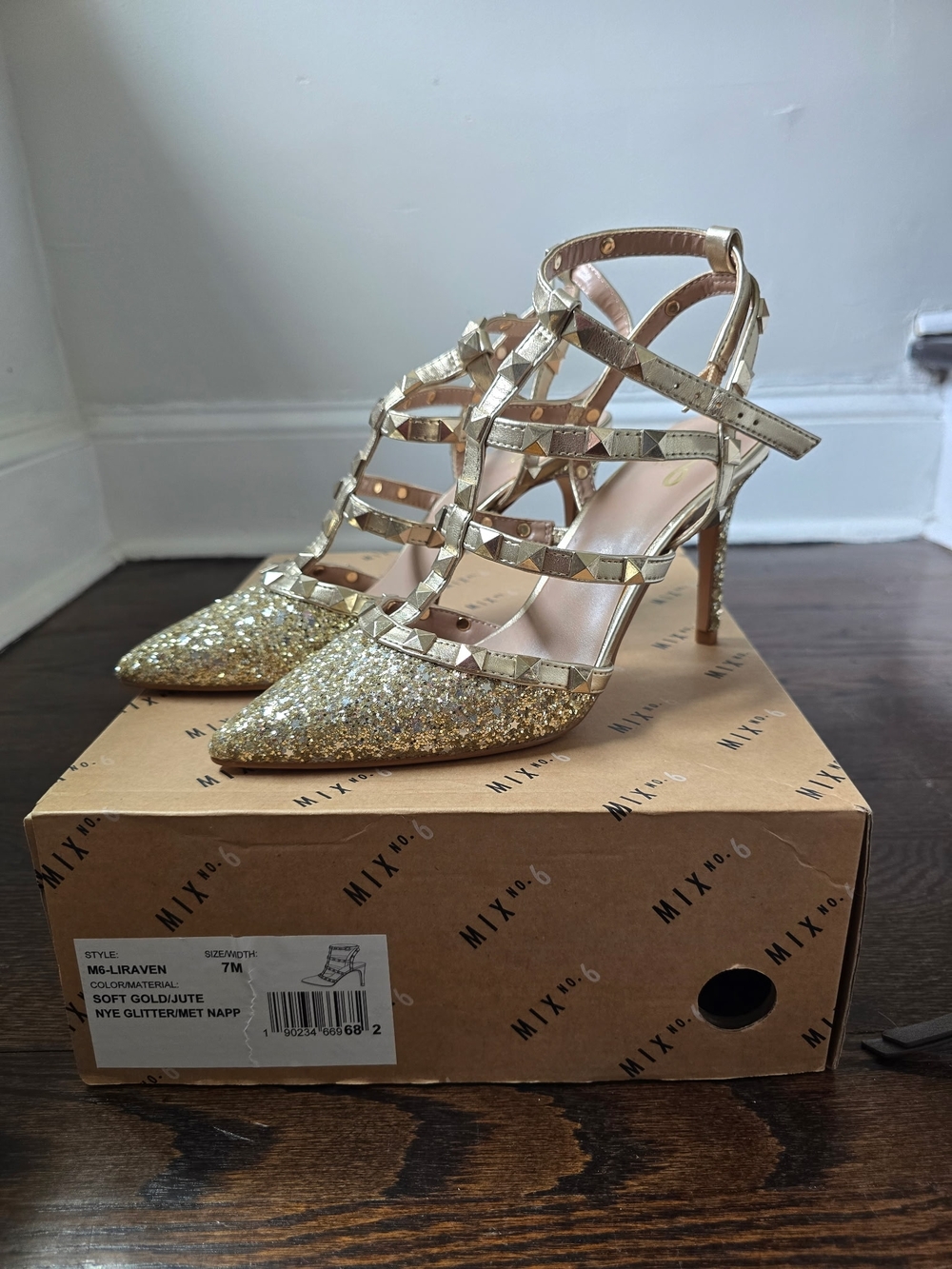 Mix No. 6 Gold Glitter Studded T-Strap Pointed Heels